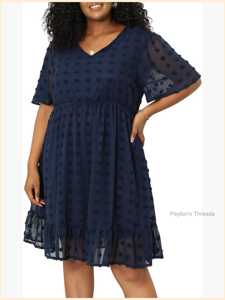 Plus Size Midi Dress With Swiss Dot, V-Neck Short Sleeve A-Line For Wedding